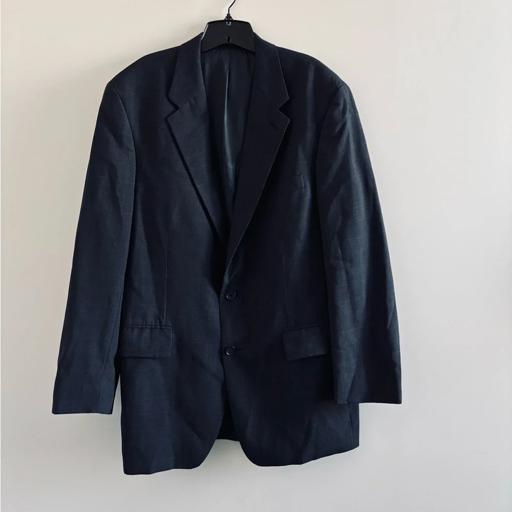 VTG Chaps Ralph Lauren Blazer Sport Coat Navy Blue Wool Plaid Mens 44T Old Money